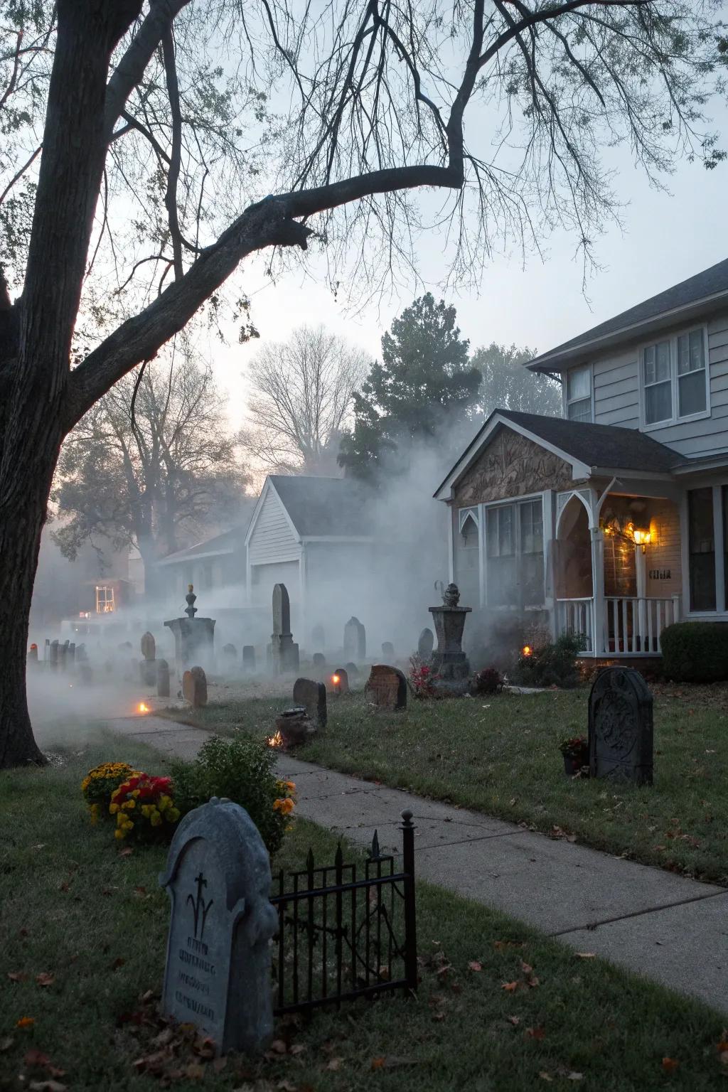 Enhance the spooky atmosphere with low-lying fog effects.