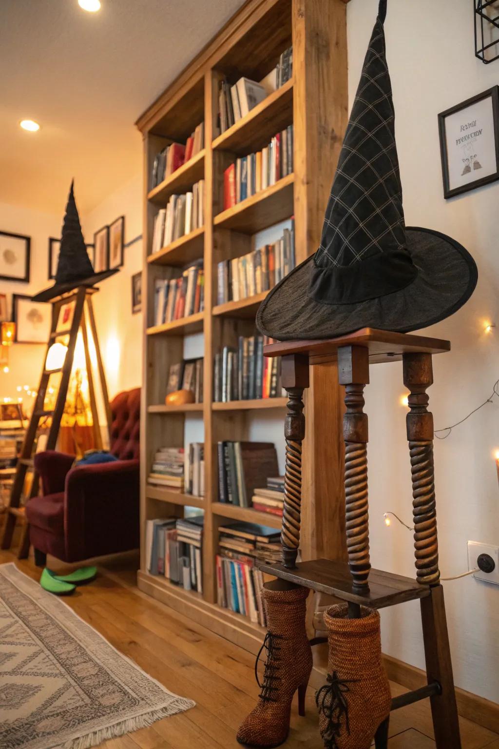 Playful enchantress decor in a library setting.