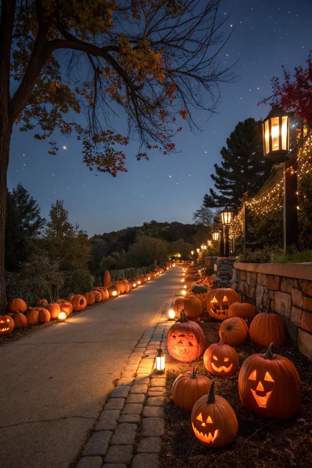 Illuminate your pathway with a parade of pumpkins.