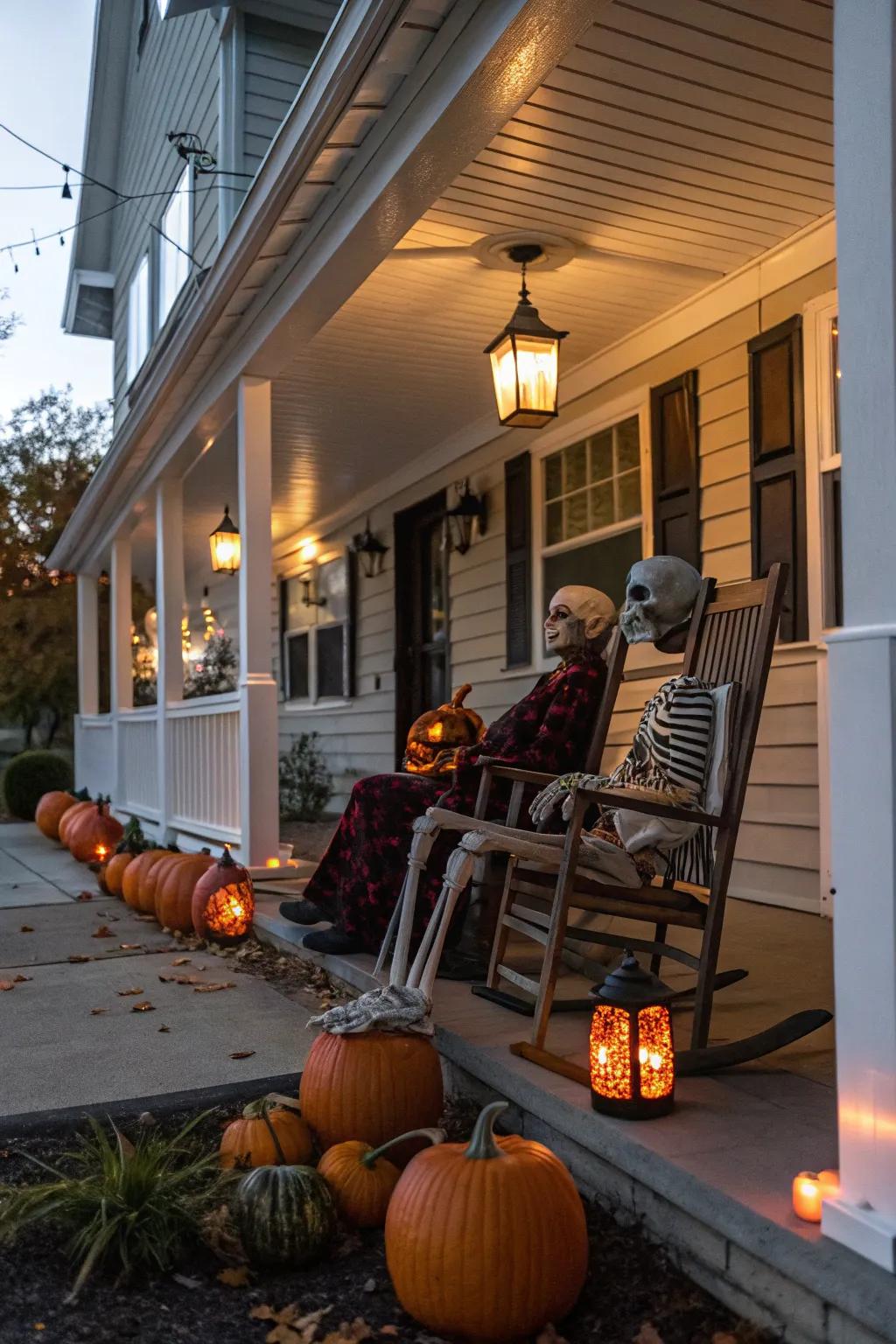 Entranceway adornment incorporating skeletons cultivates an amicable salutation intended for Halloween participants.