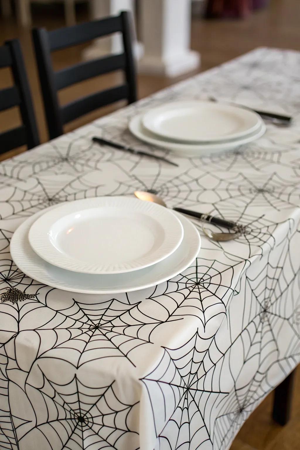 A spider web tablecloth that instantly sets a spooky tone.