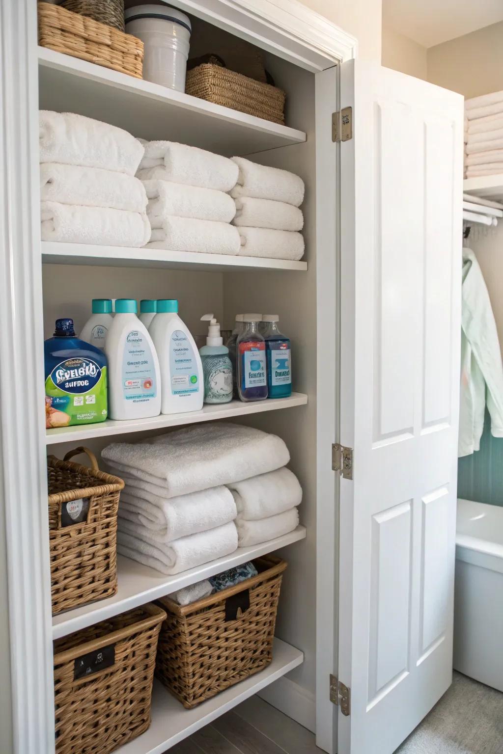 Open shelves make it easy to keep laundry items organized and reachable.
