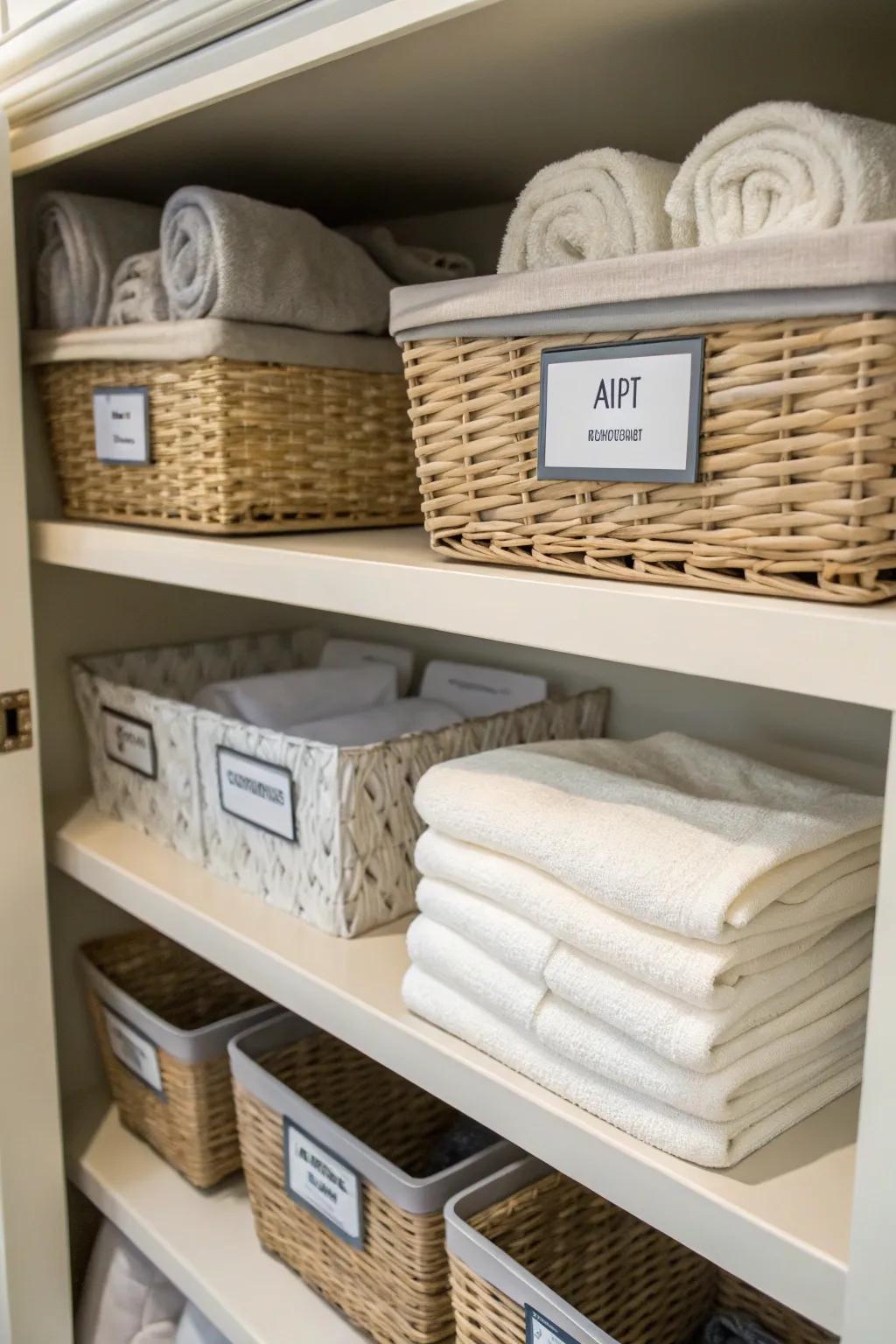 Your linen storage benefits from labels' clarity and organization.
