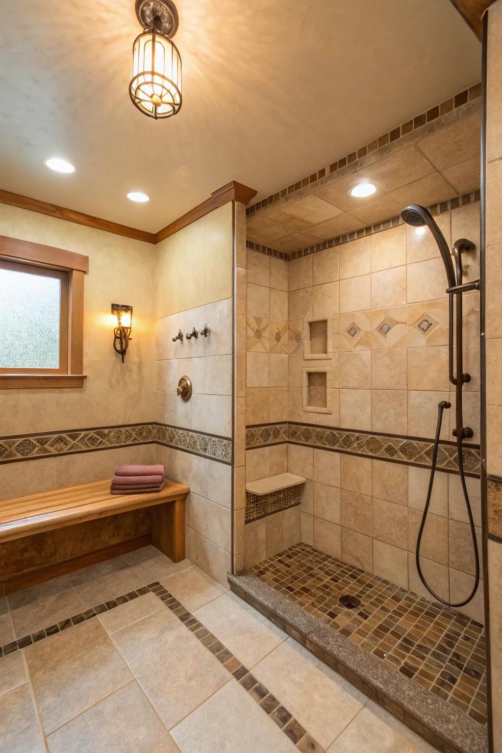 Aqua sprayer positioned next to a shower seat for added convenience.