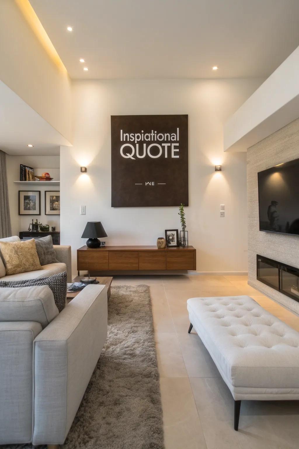 A stretched fabric sign provides inspiration and beauty to a contemporary living space.