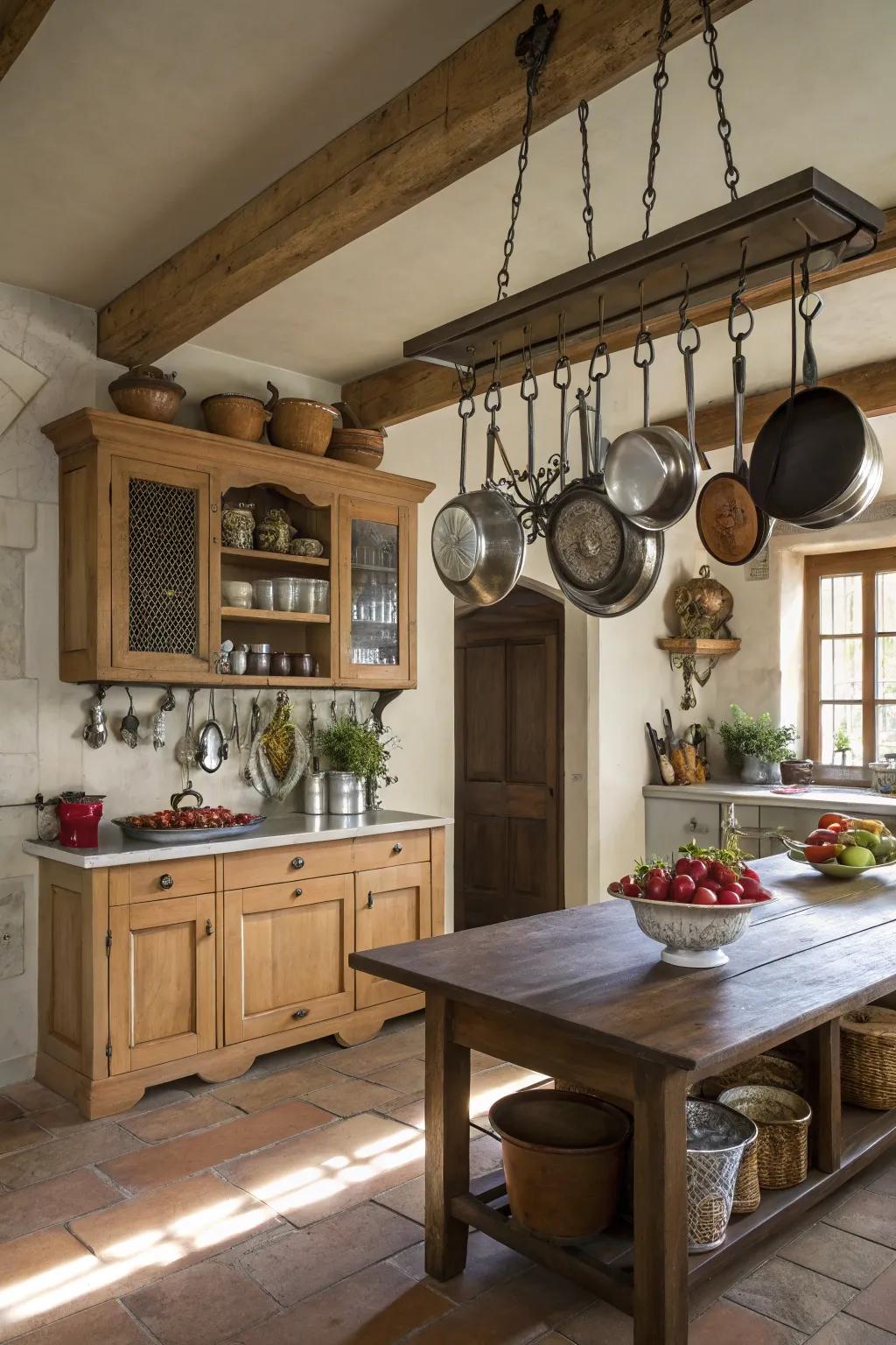 A hanging pot rack blends practicality with aesthetic appeal.