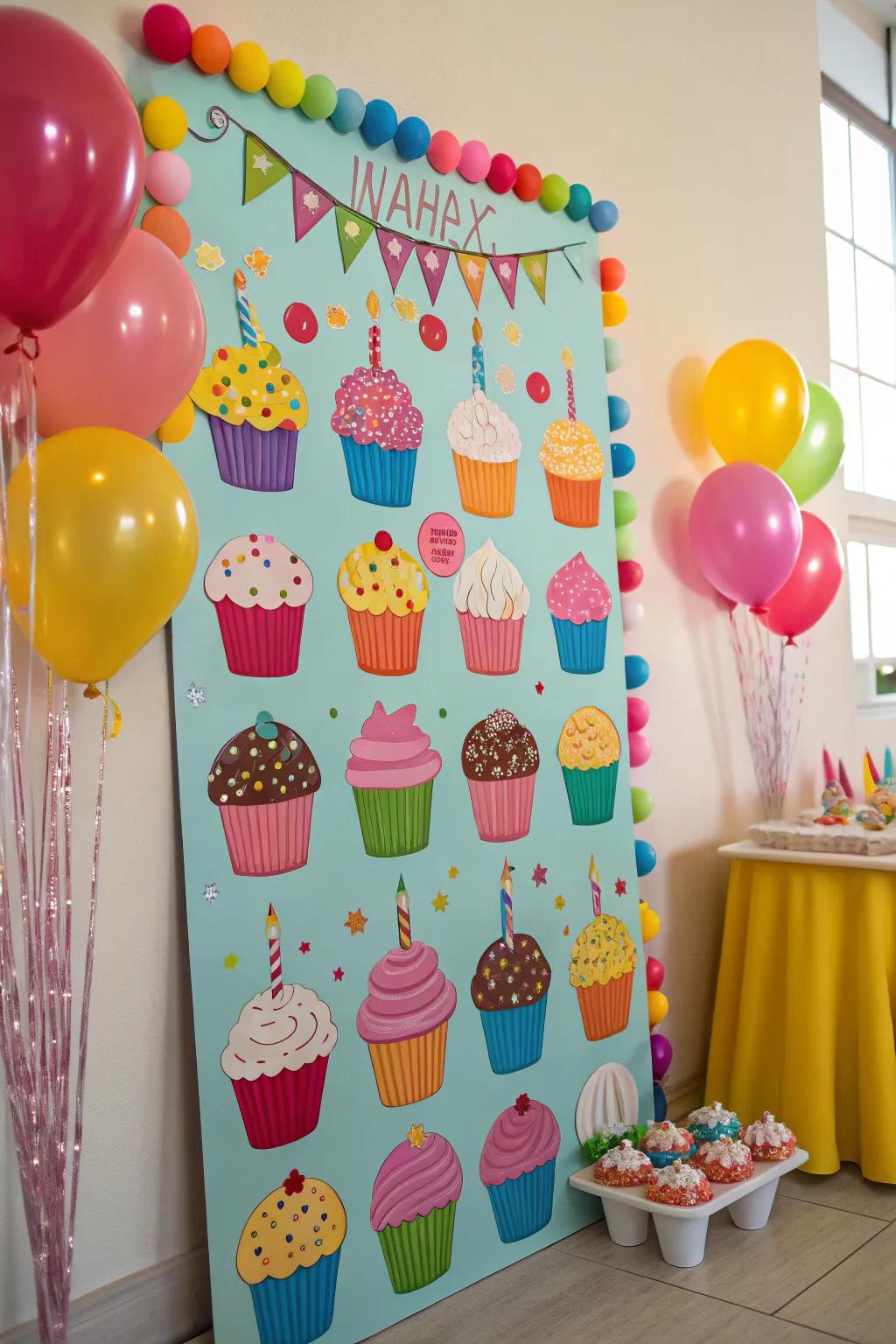 A sweet and vibrant small cake-themed birthday display.