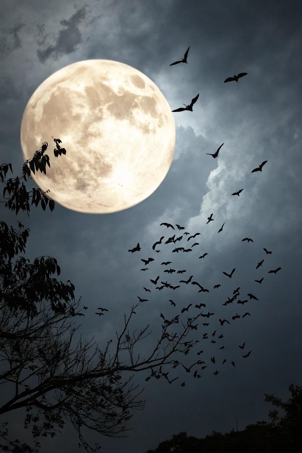Bats and moon poster that encapsulates the essence of Halloween night.
