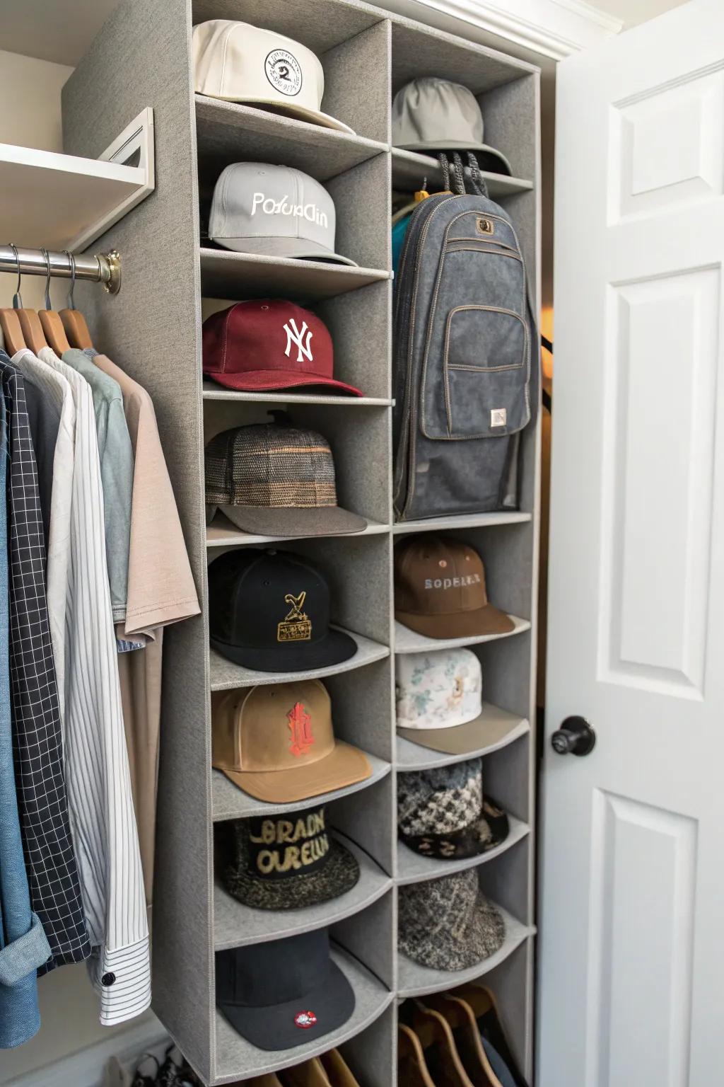 A closet featuring neatly arranged hat dividers.