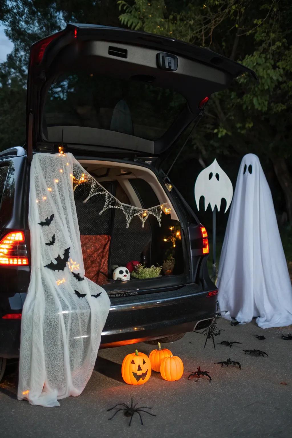 Incorporate spooky decorations similar to specters and winged creatures for a conventional haunted trunk.