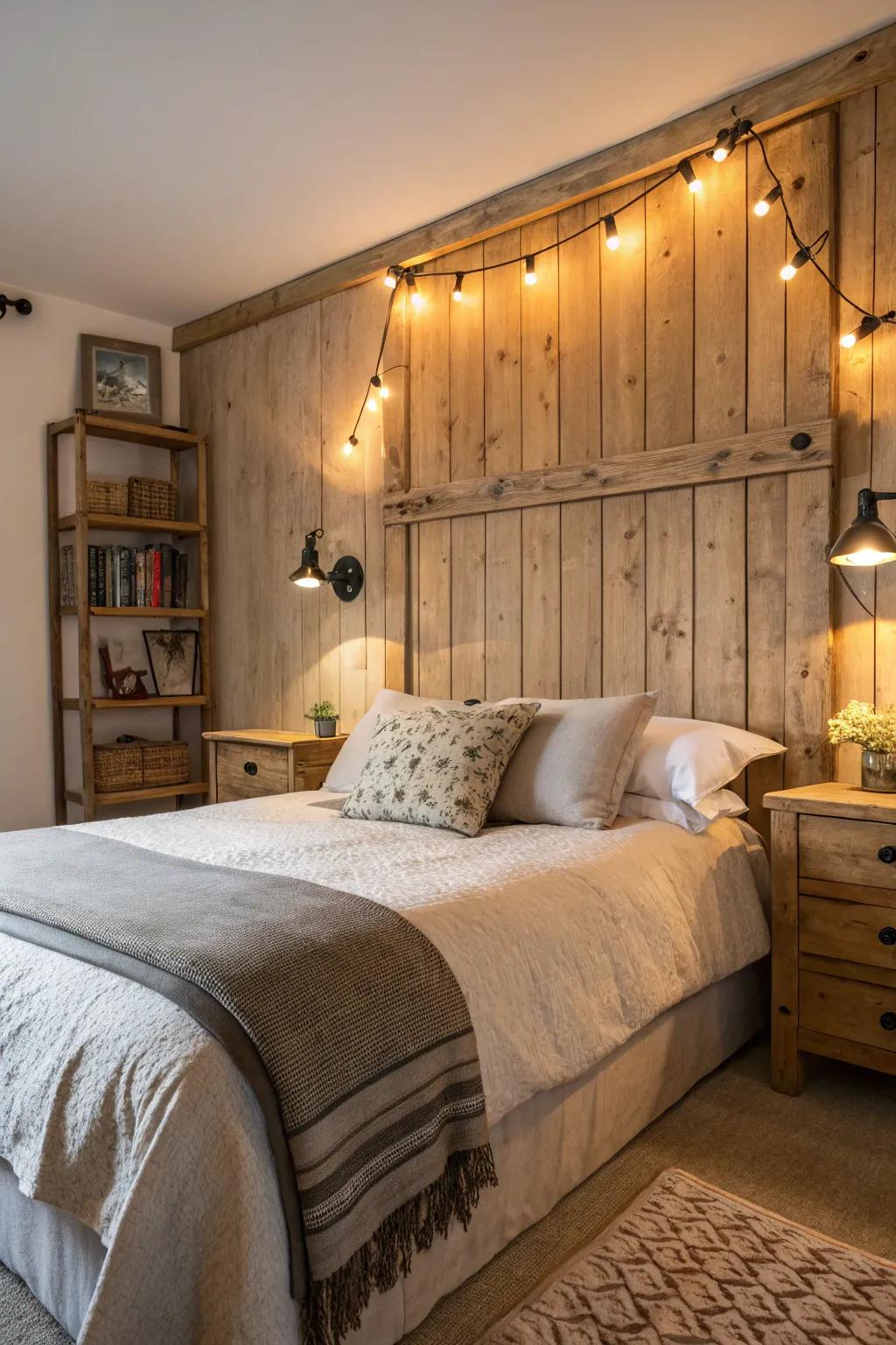 Wooden headboard lights introduce rustic charm and warmth.
