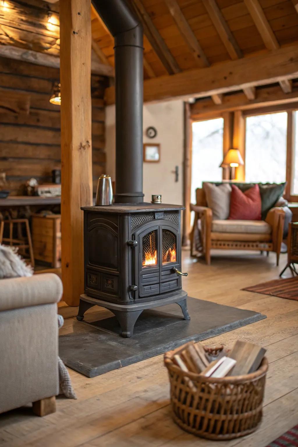 A rustic interior featuring a classic wood-burning stove, perfect for evoking a cabin-inspired feel.