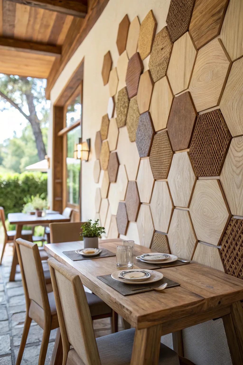 Wooden hexagons fashion an inviting and cozy atmosphere.