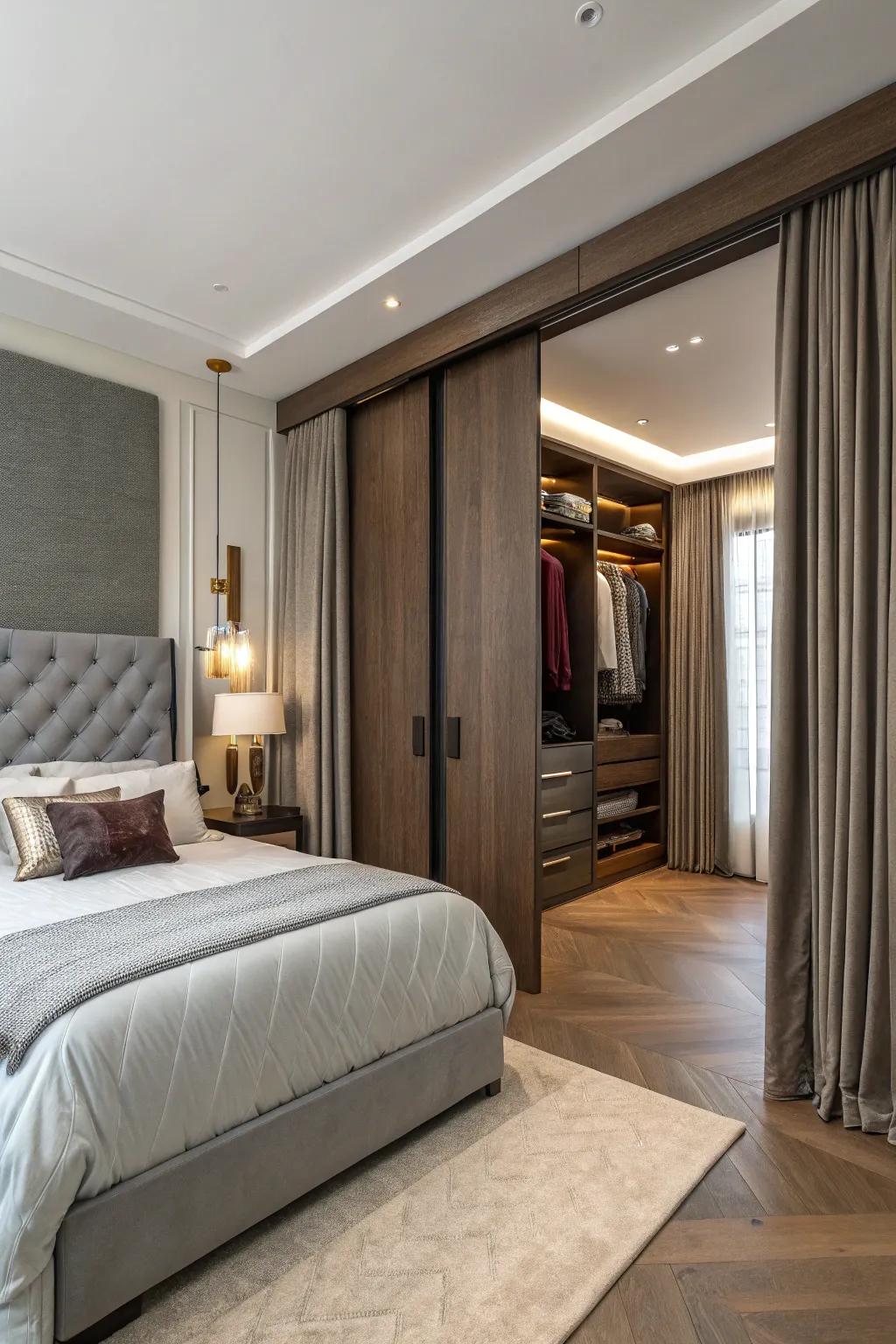 An elegant bedroom featuring a secret entrance leading to a closet.