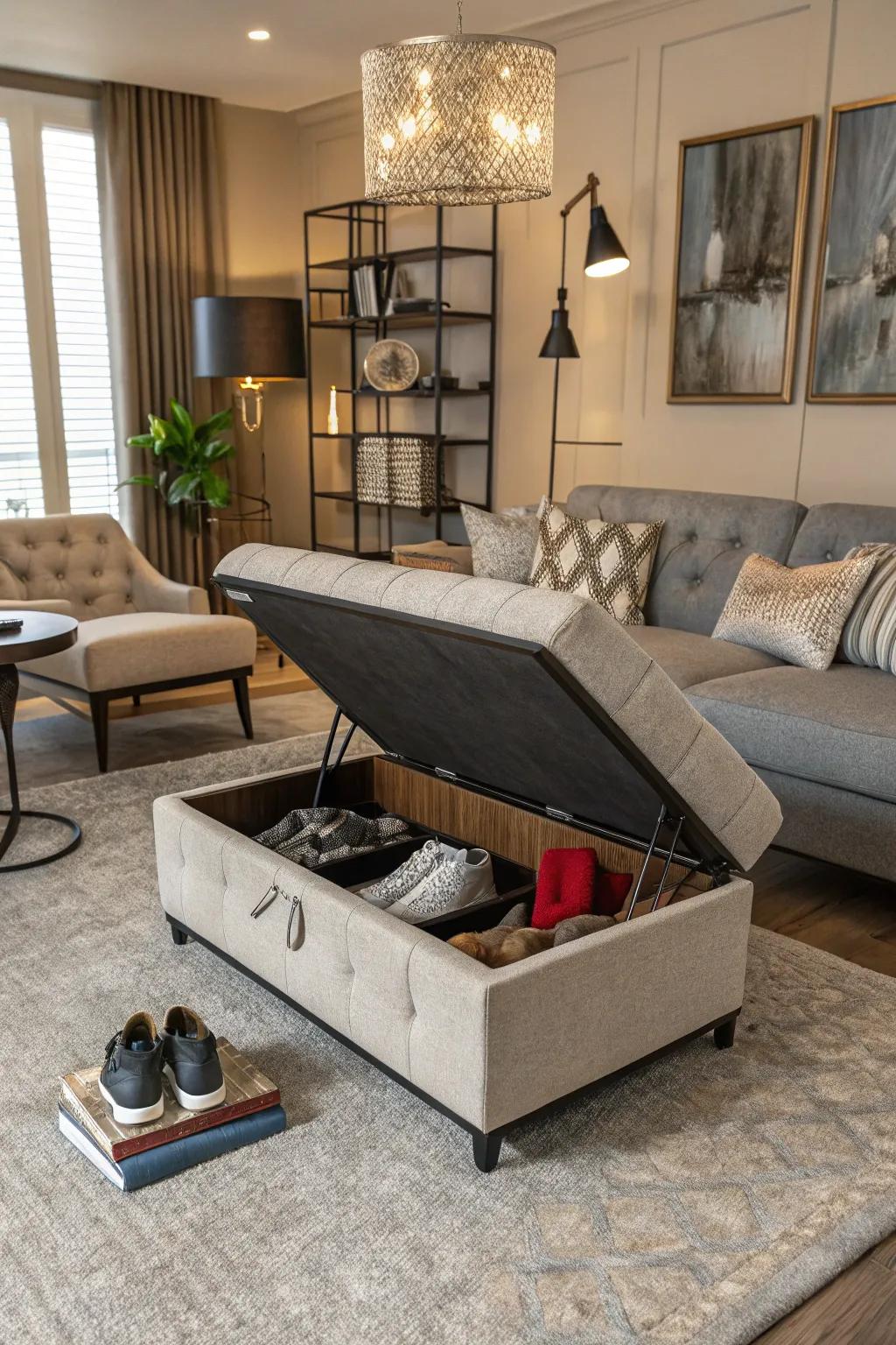 Adaptable furniture featuring concealed storage offers both elegance and utility.