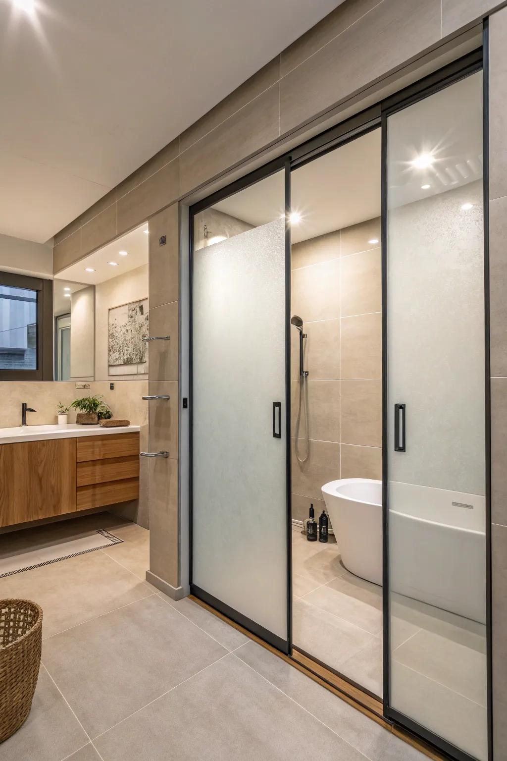 Glide-away panel portals furnish a polished and secret shower solution.