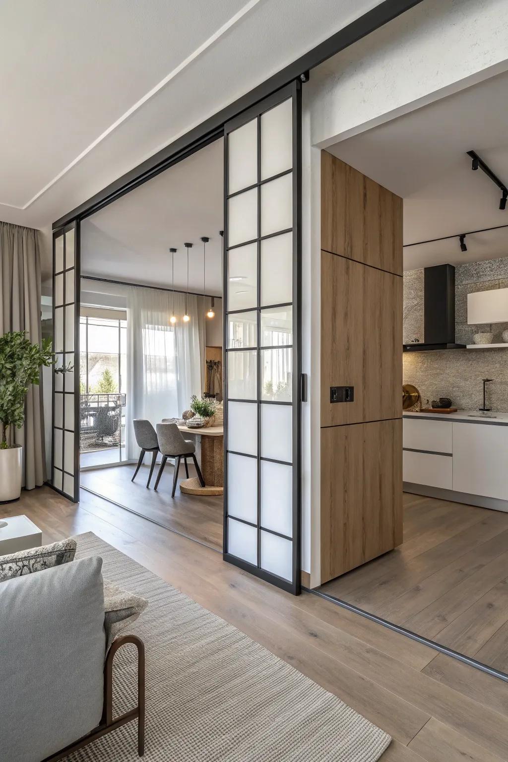 Sliding doors as dividing walls offer flexibility and style in open-concept spaces.