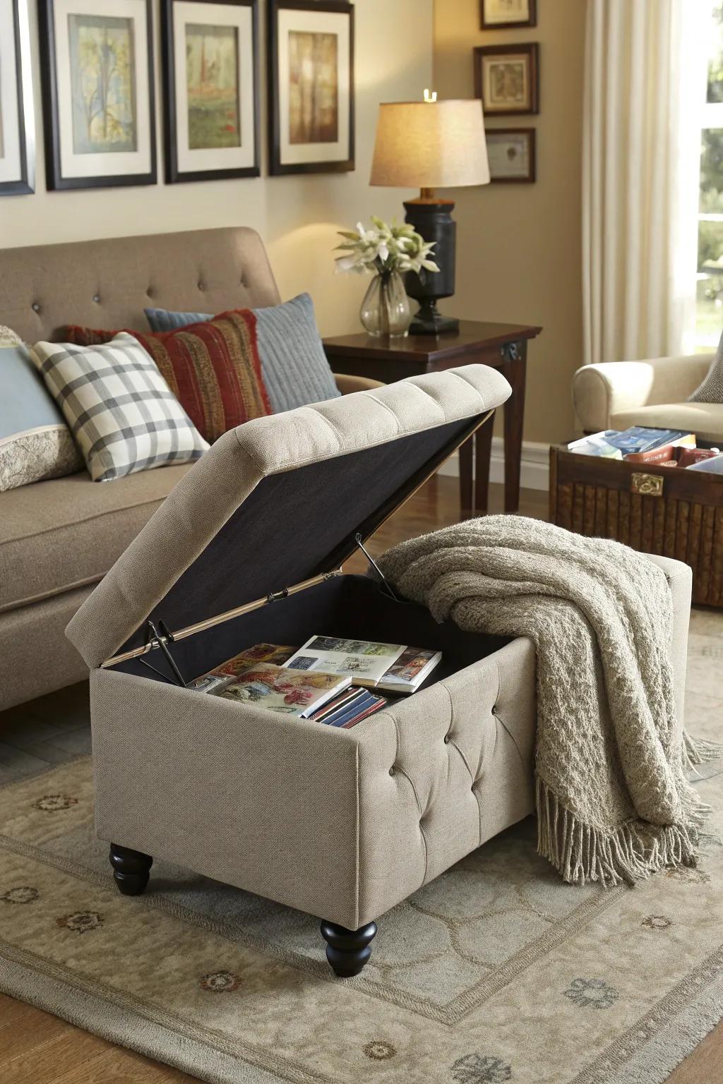 Elegant ottoman with hidden storage for added convenience