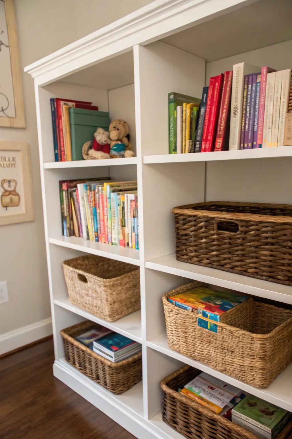Bookshelves paired with baskets for subtle plaything storage.