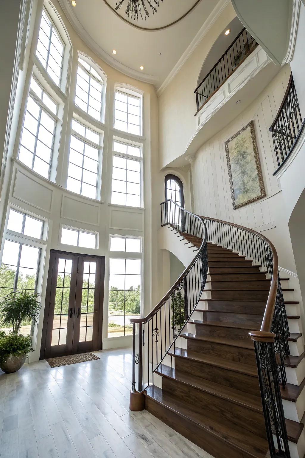 A statement staircase amplifies the grandeur of the entryway.