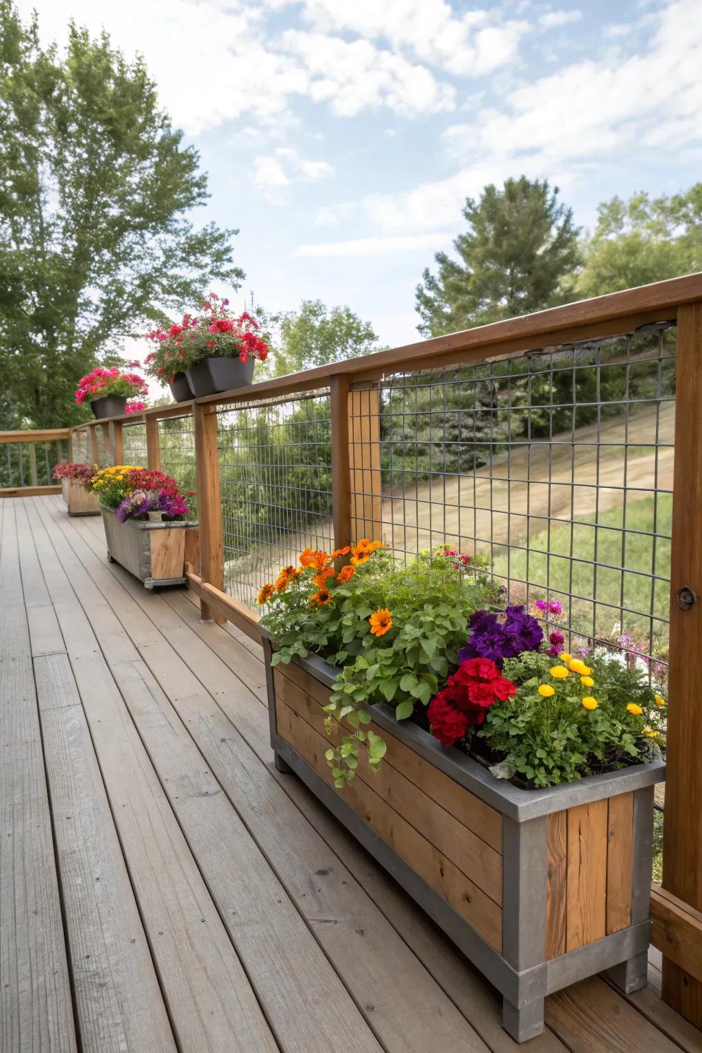 Flower boxes introduce vibrant color and life to mesh panel railings.