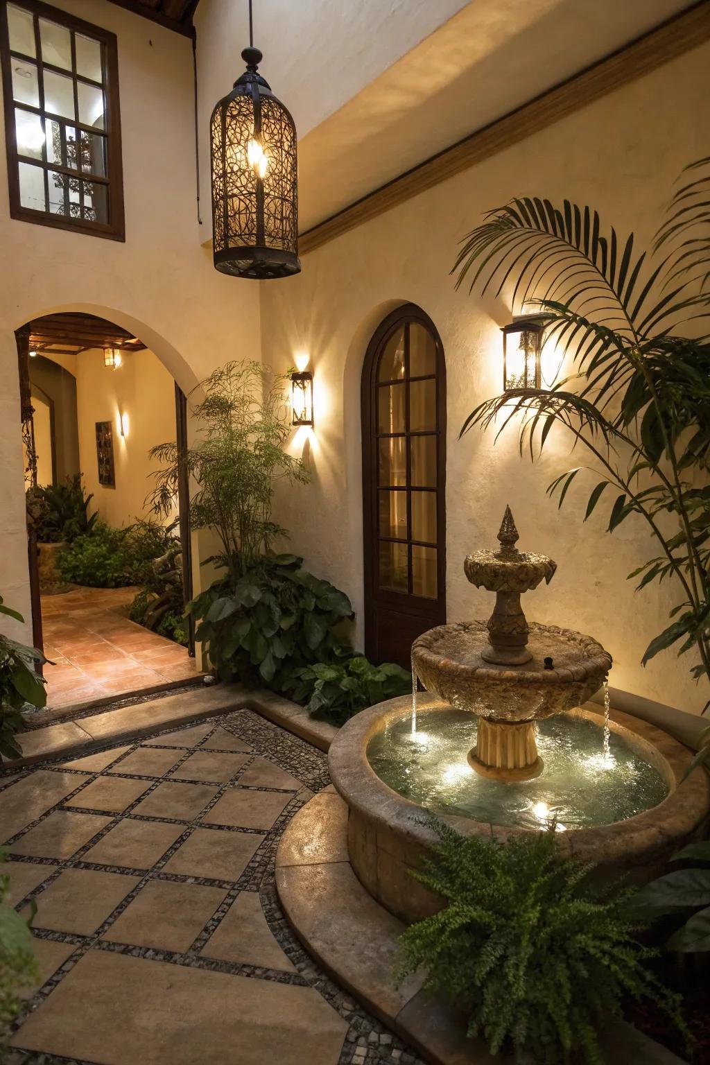 A serene atrium showcasing a calming water feature centerpiece.