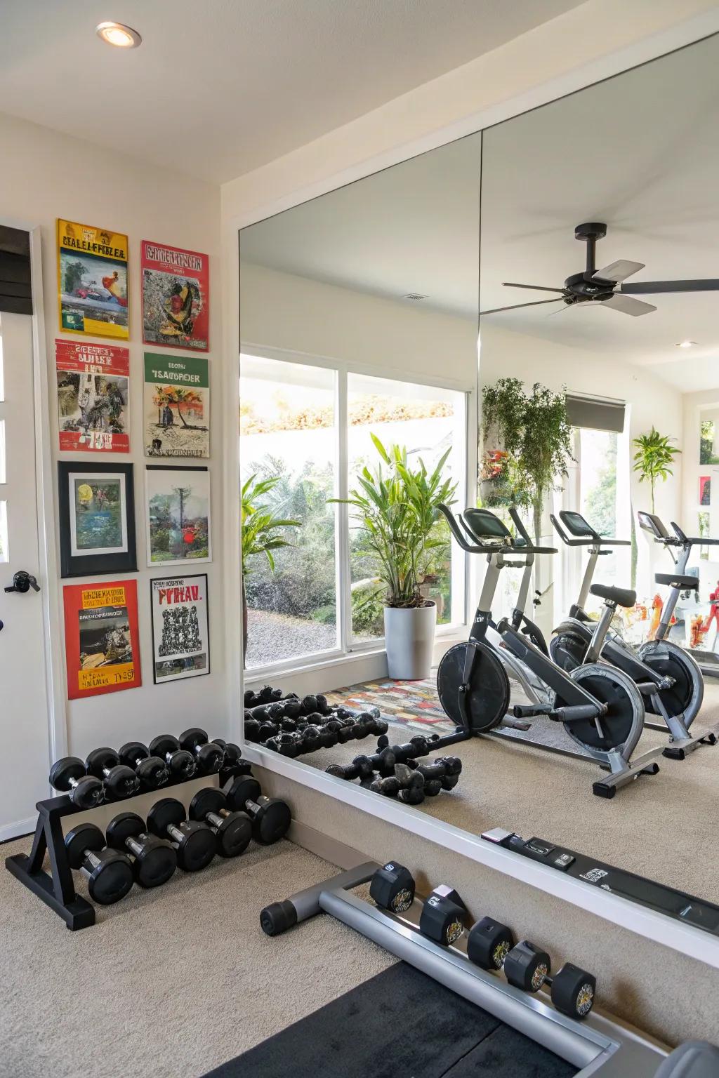 Reflective surfaces integrated with equipment augment the practicality of this gymnasium.