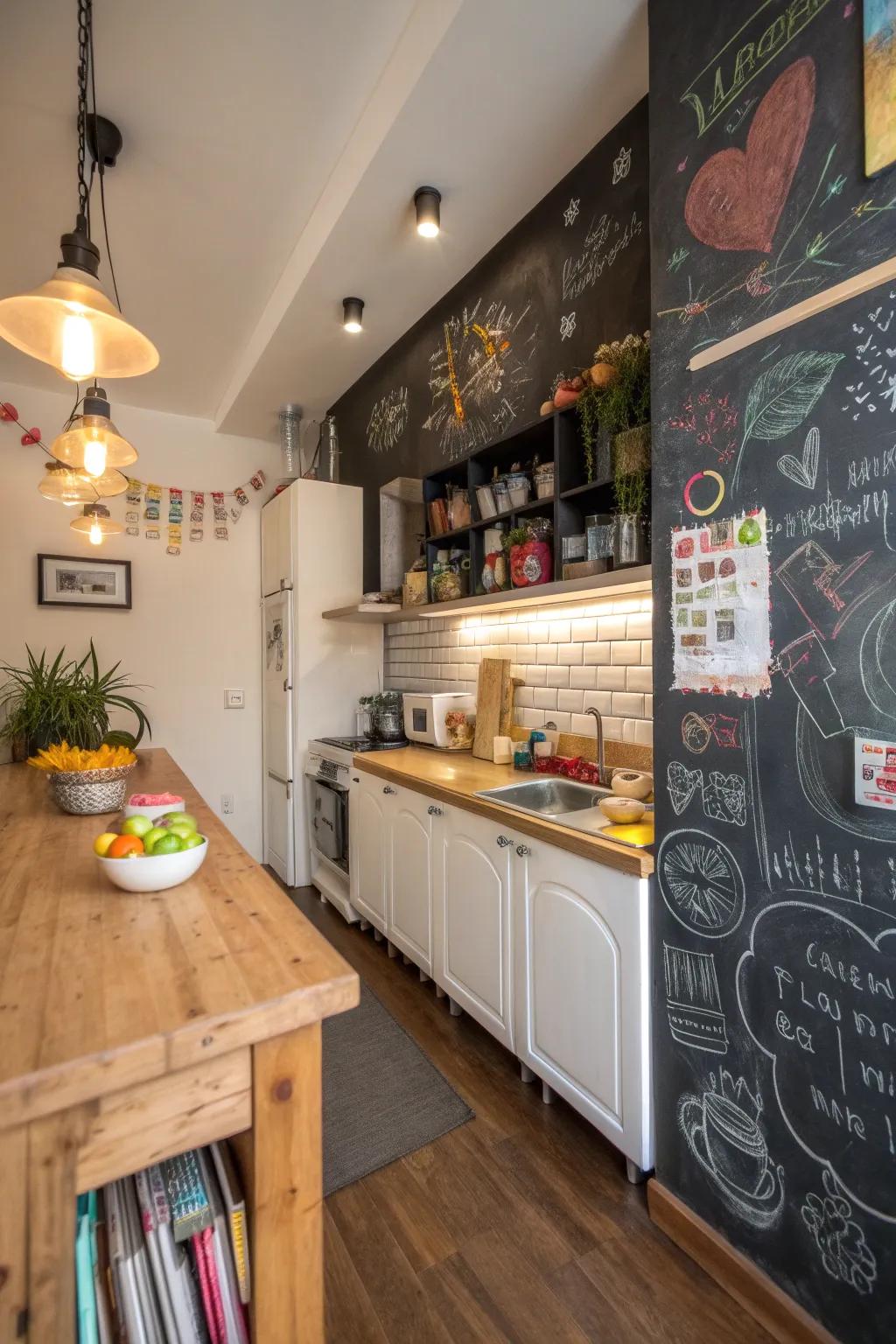 A chalkboard wall makes your kitchen useful and creative.