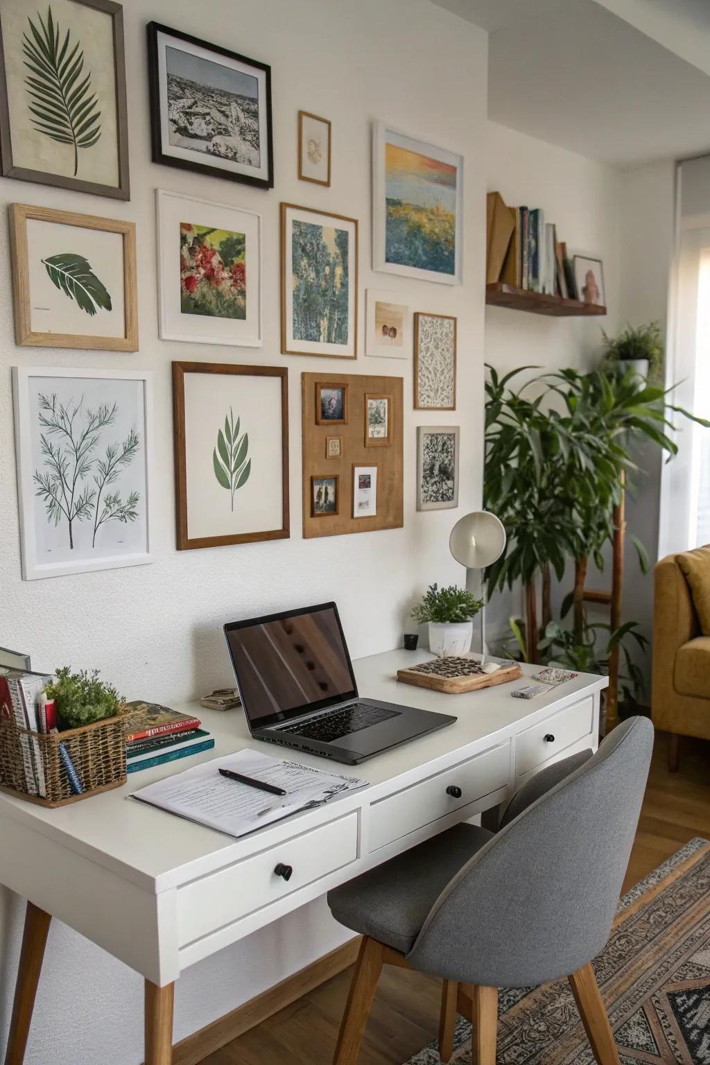 An inspiring gallery adds a distinctly personal touch to this home office.