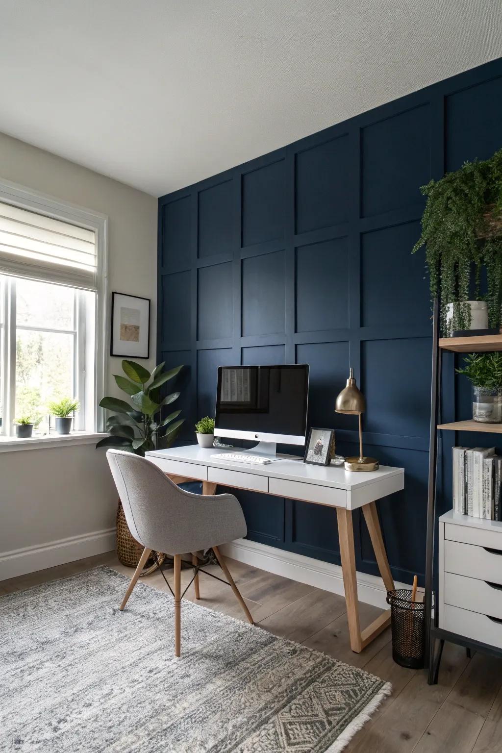 A striking feature wall adds depth and character to any office.