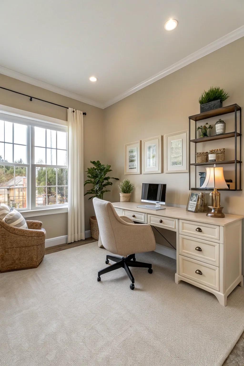 Understated cream walls fashion a welcoming and cozy personal office ambiance.