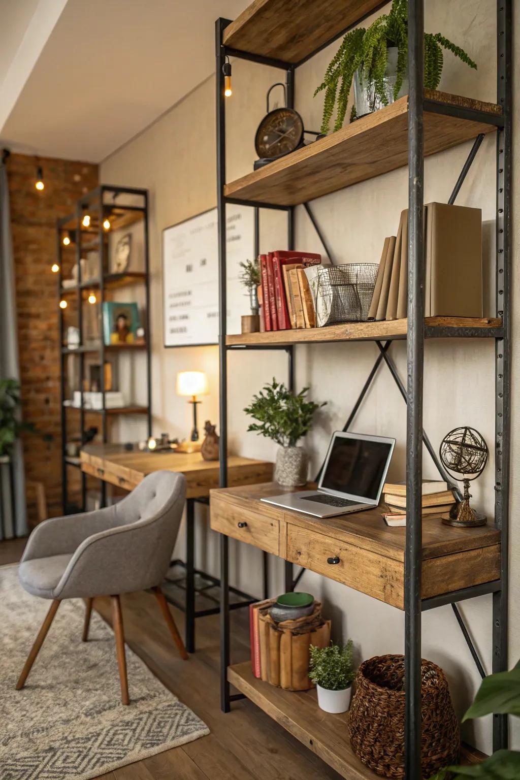 Country-industrial shelves provide a warm and distinct character.