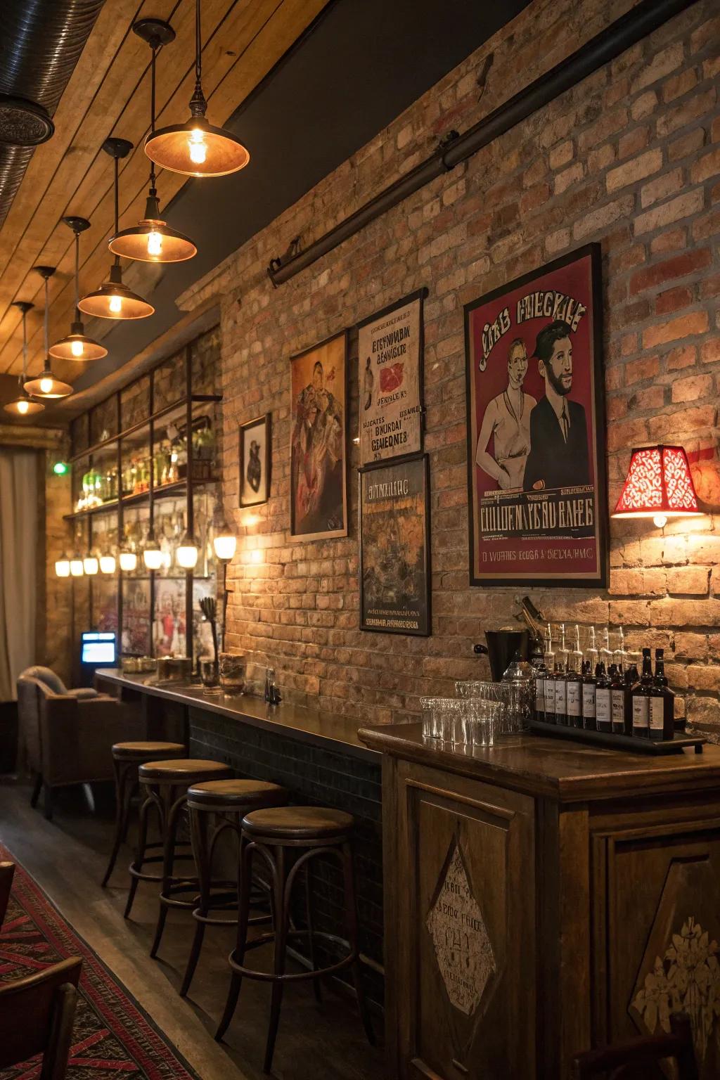 Bare brick facades contribute an authentic, old-fashioned sensation to your speakeasy.