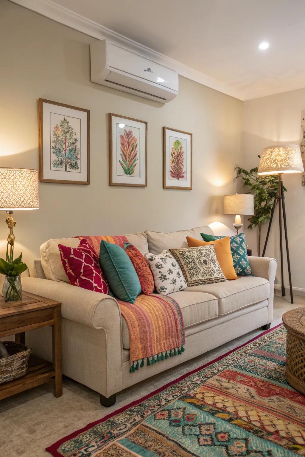 Colorful cushions introduce life to a neutral living room.