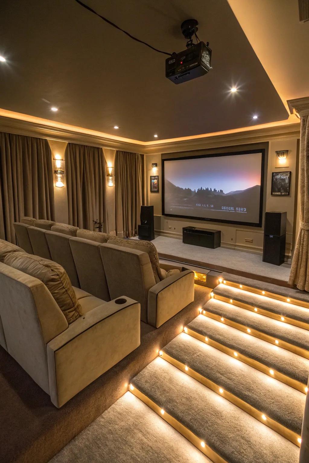 LED lighting below platforms builds the mood for a perfect movie night.