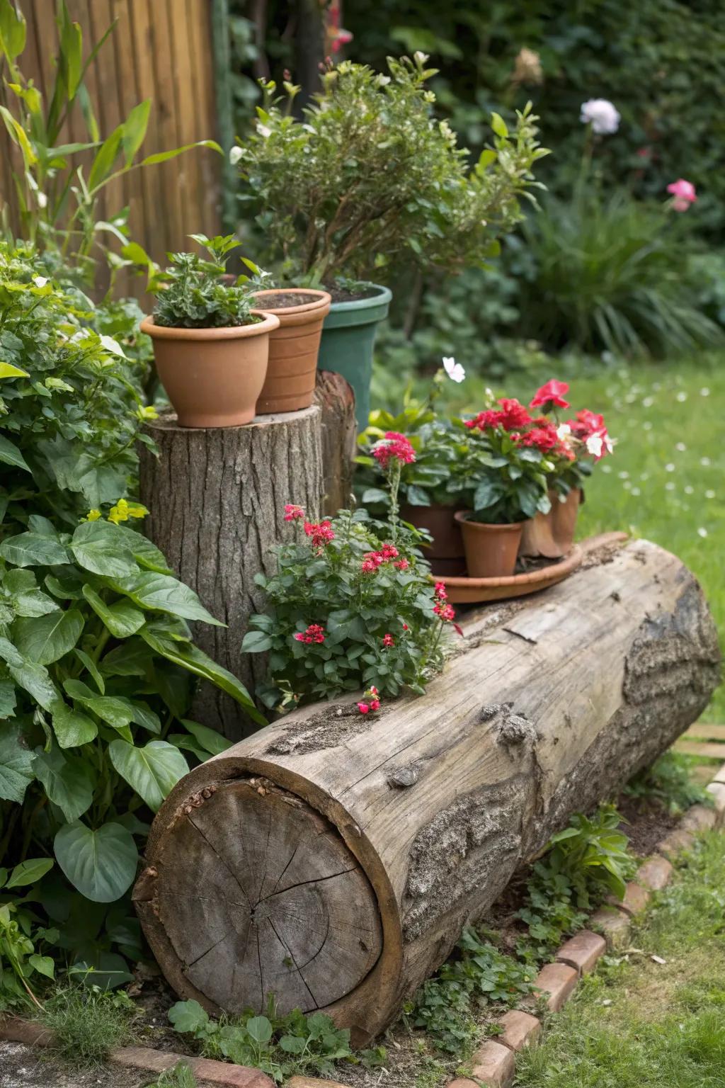 Pieces of trees and stumps create appealing unrefined plant displays.