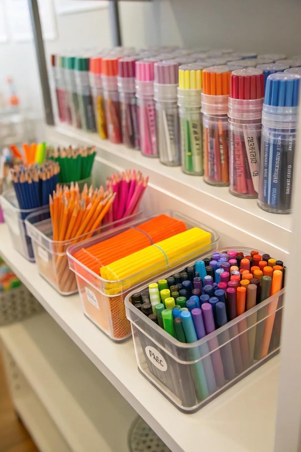 Clear containers make it simple to locate and get to art supplies in a timely manner.