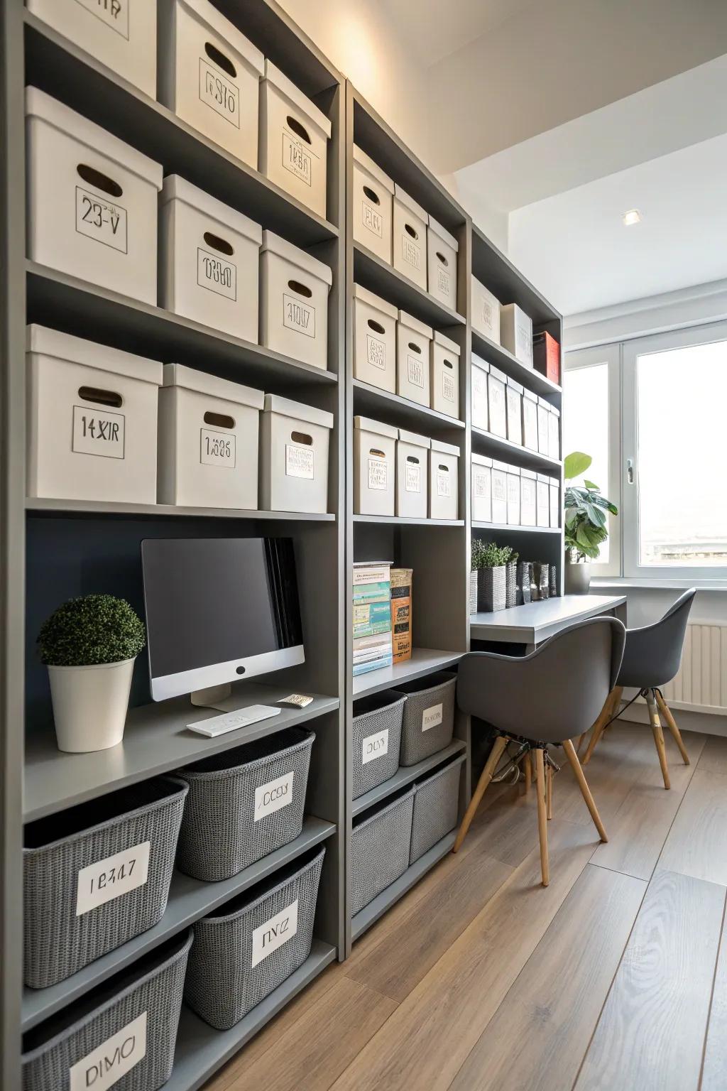 Neatly arranged storage bins maintaining an orderly study area.
