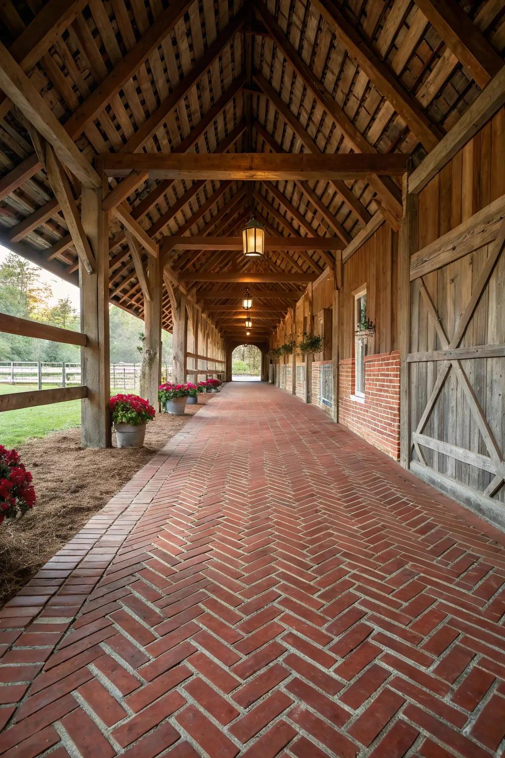 Stone walkways provide both attractiveness and strength, ideal for creating a cozy equine facility setting.