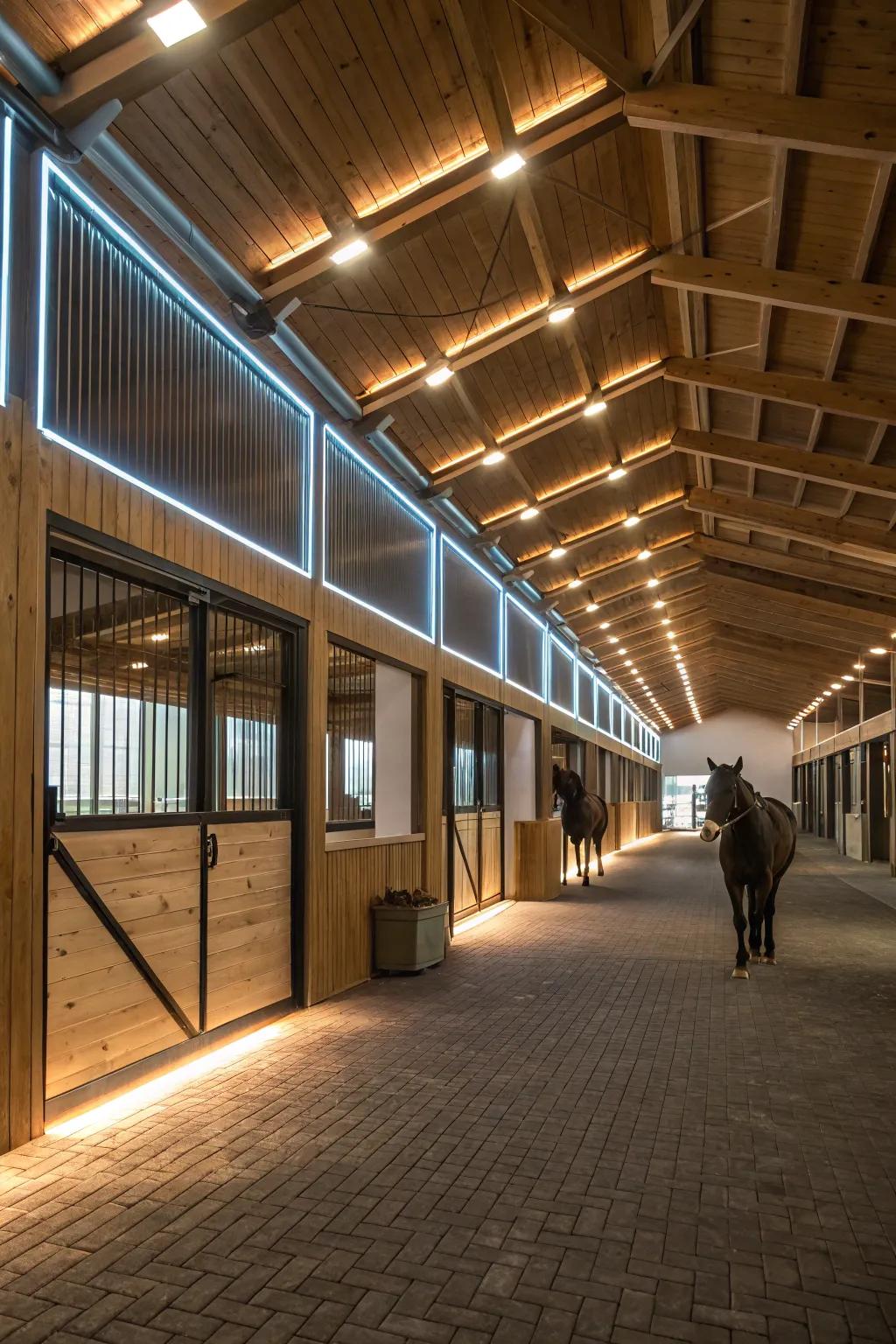 LED strips offer efficient and sleek lighting along the barn walls.