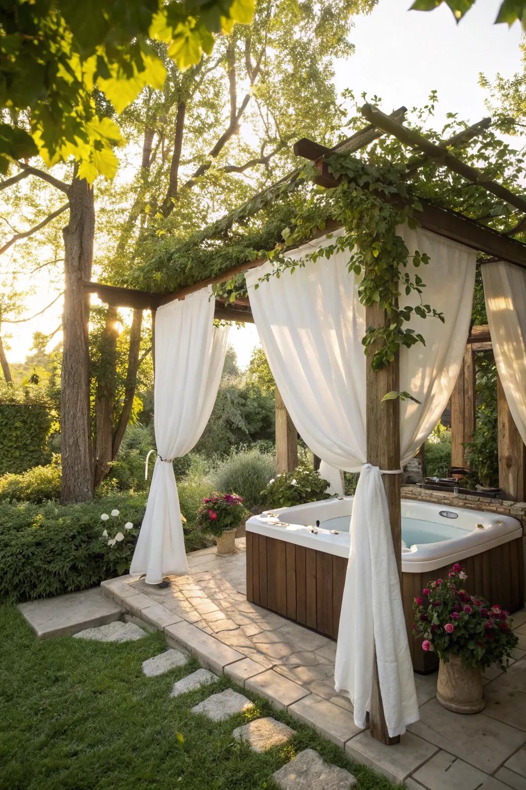 Create a resort-like atmosphere with a covered frame draped in elegant fabric.