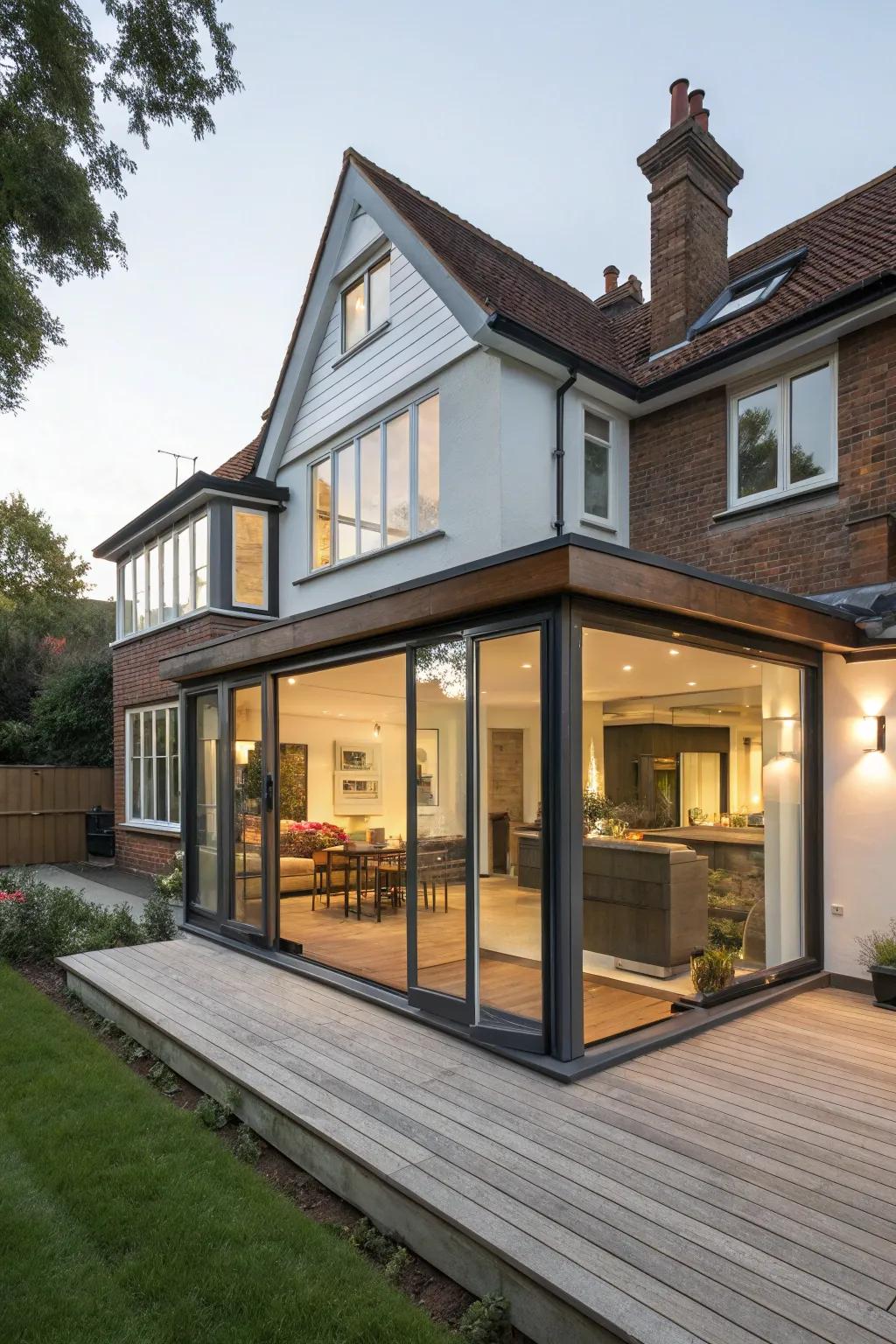 A wrap-around extension creating expansive, interconnected living spaces.
