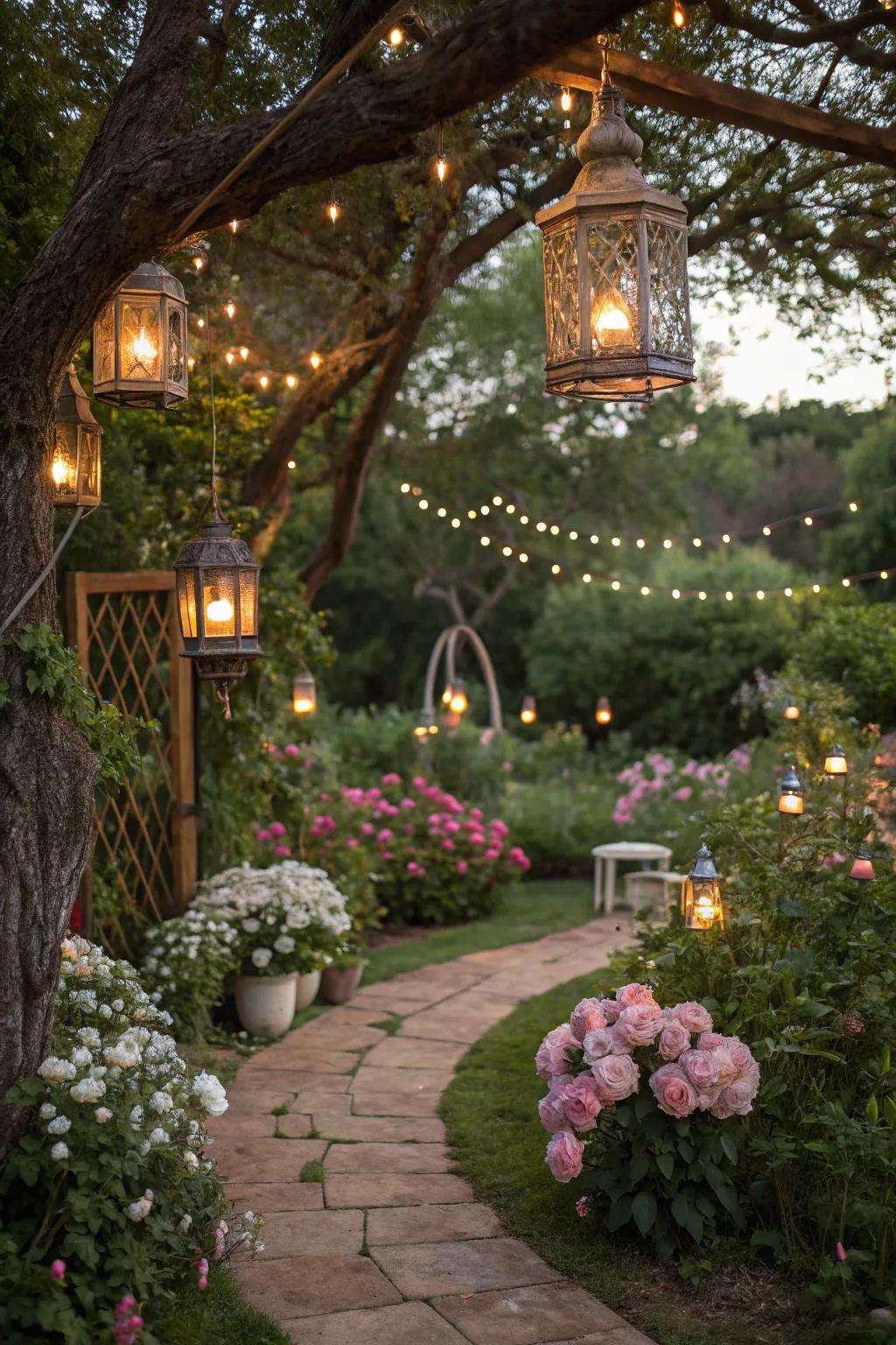 Conjure a bewitching outdoor retreat using dangling lights and fairy lights.