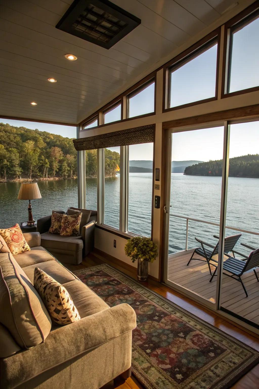 Big windows make the most of light and views in this houseboat living room.