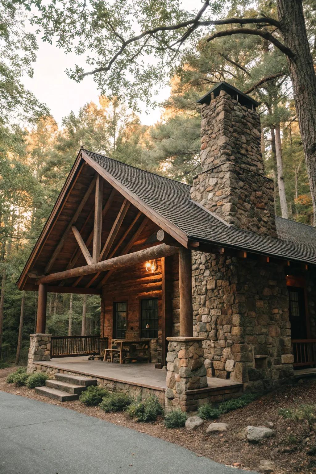 A welcoming rustic cabin radiating warmth and charm in the woods.
