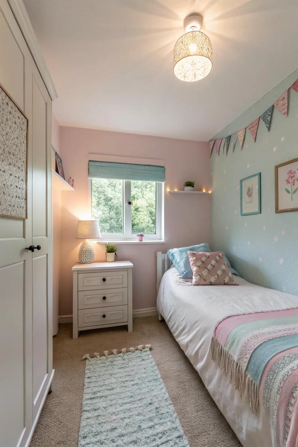 A petite bedroom showcasing a light color palette, engendering a tranquil and spacious vibe.