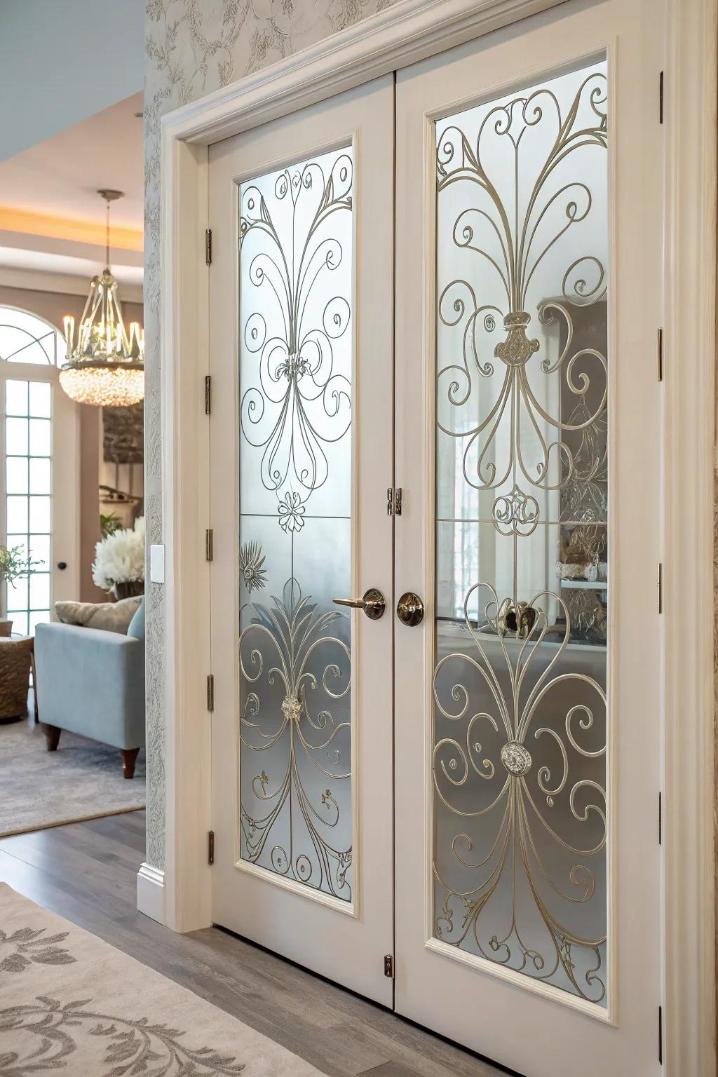 Textured glass enhances privacy and imparts an artistic essence to French doors.