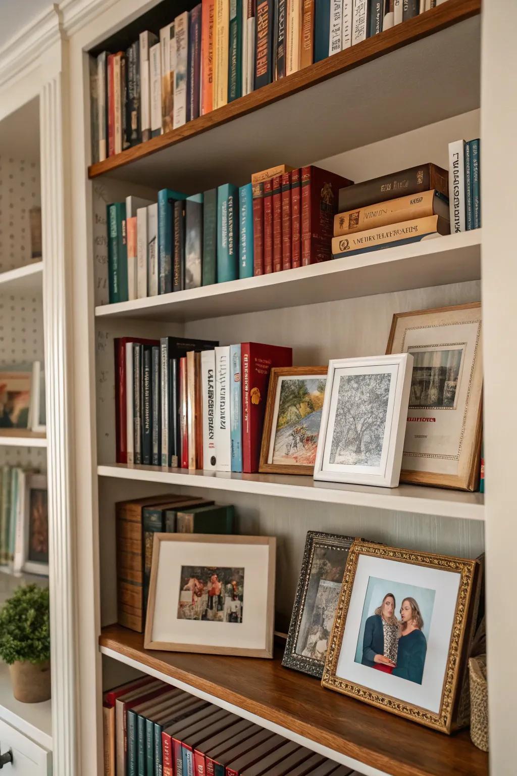 A bookshelf exhibiting encased artistry and family keepsakes.