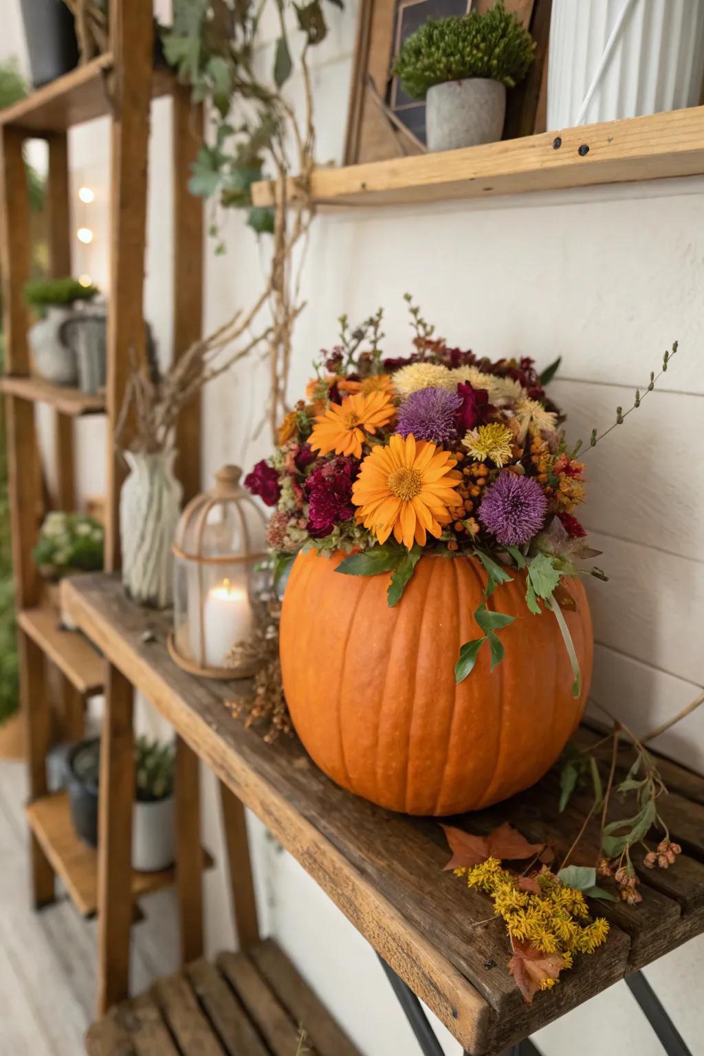 A floral-decorated pumpkin, channeling the allure of nature indoors.