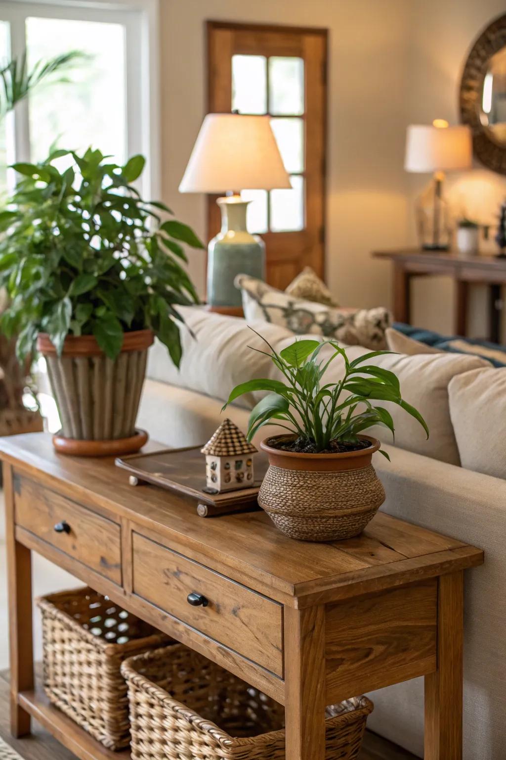 A hint of greenery enlivens a sofa table.